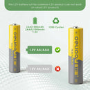 Infographic showing Delipow AA 1500mAh and AAA 1000mAh Ni-MH battery capacities and 1200 recharge cycles