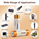 Delipow AA alkaline batteries powering wall clock, TV remote, toy, and smoke detector