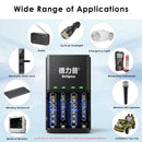 Delipow AA batteries and charger powering TV remote, wireless mouse, toy, and flashlight