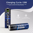 Infographic showing Delipow AA battery 3300mAh capacity and 1200 recharge cycles lifespan