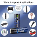 Delipow AA batteries powering solar garden lights, TV remote, wireless mouse, and children’s toy