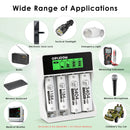 Delipow AA lithium batteries and 4-bay LCD charger powering Blink security camera, video doorbell, Xbox controller, and smart lock