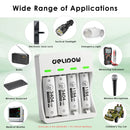 Delipow AA lithium batteries with USB-C charging cable powering flashlight, wireless keyboard, digital camera, and portable fan