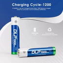 Infographic showing Delipow AAA 1000mAh NiMH battery capacity, 1200 recharge cycles, and low self-discharge technology