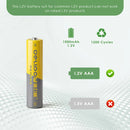 Infographic showing Delipow AAA 1000mAh 1.2V Ni-MH LSD battery capacity and 1200 recharge cycles