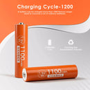 Infographic showing Delipow AAA 1100mWh 1.5V lithium battery true capacity, 1500+ recharge cycles, and flat constant voltage discharge curve