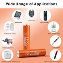 Delipow AAA 1100mWh 1.5V lithium batteries powering TV remote, wireless doorbell, baby monitor, digital thermometer, and cordless telephone