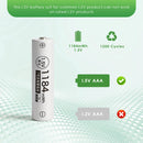 Infographic showing Delipow AAA 1184mWh 1.5V lithium rechargeable battery capacity and 1500+ recharge cycles