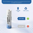 Infographic showing Delipow AAA 1184mWh 1.5V lithium battery capacity and 1500+ recharge cycles for starter kit