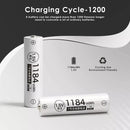 Infographic showing Delipow AAA 1184mWh 1.5V lithium battery capacity and 1500 recharge cycles with flat discharge curve