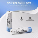 Infographic showing Delipow AAA 1184mWh 1.5V lithium battery capacity, 1500+ recharge cycles, and flat discharge voltage curve