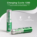 Infographic showing Delipow AAA 300mAh 1.2V NiMH solar battery capacity and 1200 recharge cycles