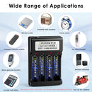 Delipow AAA batteries and 4‑bay charger powering remote control, wireless earbuds, digital thermometer, and portable game console