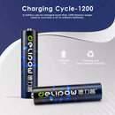 Infographic showing Delipow AAA battery 1100mAh capacity and 1200 recharge cycles lifespan
