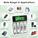 Delipow AAA lithium batteries and 4-bay LCD charger powering TV remote, wireless doorbell, baby monitor, and digital thermometer