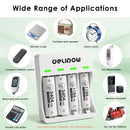 Delipow AAA lithium batteries with USB-C charging powering TV remote, wireless mouse, wall clock, and garage door opener