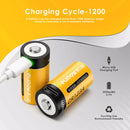 Infographic showing Delipow CR123A 3.7V 2590mAh USB-C lithium battery capacity and 500+ recharge cycles