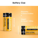 Delipow CR123A USB-C lithium battery dimension diagram – 34.5mm height, 17.0mm diameter, standard CR123A size Title: Delipow CR123A Battery Exact Dimensions – 34.5mm × 17.0mm