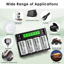 Delipow D batteries and 4‑bay LCD charger powering gas stove, water heater, floodlight, and kids toy