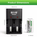 Delipow D battery and 2‑bay charger with ruler showing dimensions: D cell 61.5x33mm, charger 130x70x35mm