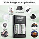 Delipow D batteries and 2‑bay charger powering a floodlight, gas stove, and radio
