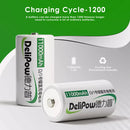 Infographic showing Delipow D cell 10000mAh 1.2V NiMH battery true capacity, 1000+ recharge cycles, and high discharge rate capability