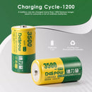 Infographic showing Delipow D cell 3500mAh 1.2V NiMH battery capacity and 1200 recharge cycles with low self-discharge