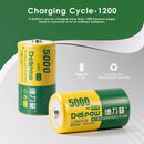 Infographic showing Delipow D cell 5000mAh 1.2V NiMH battery capacity and 1000+ recharge cycles with low self-discharge