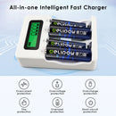 Delipow LCD 4‑bay charger safety icons – overcharge, short circuit, overheat, reverse polarity