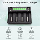 Delipow 4‑bay LCD charger safety system icons – overcharge, short circuit, overheat, reverse polarity, overcurrent