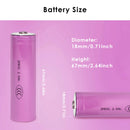 DMEGC INR18650-26E 2600mAh battery detailed dimensions showing Flat Top 65mm and Button Top 67mm lengths, 18mm diameter, weighing 45g with 3.7V nominal voltage and 5C (13A) discharge specs.