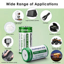 Wide applications of Doublepow 1.2V D size 11000mAh NiMH rechargeable button top batteries for gas stove igniters, water heaters, radios, flashlights, and emergency backup kits.