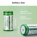 Doublepow 1.2V D size 11000mAh NiMH battery detailed dimensions measuring 32mm diameter by 61mm height, with technical specifications and weight details.