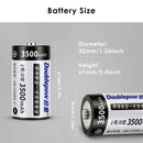 Doublepow 1.2V D size 3500mAh NiMH battery detailed dimensions measuring standard D size, with technical specifications and nickel-plated steel shell details.