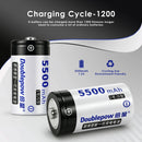Doublepow 1.2V D size 5500mAh NiMH battery cycle life chart showing stable capacity retention after 300 charge and discharge cycles.