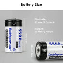 Doublepow 1.2V D size 5500mAh NiMH battery detailed dimensions measuring standard D size, with technical specifications and nickel-plated steel shell details.