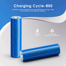 Doublepow 14500 battery cycle life and capacity chart showing 800mAh capacity, 2.96Wh energy and 5C high-drain performance