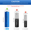 Doublepow 14500 battery flat top and button top comparison showing positive terminal types for flashlights, solar lights, RC toys and EDC devices
