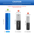 Doublepow 14500 battery flat top and button top comparison showing positive terminal types for flashlights, RC toys, vape devices and power tools