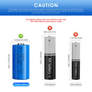 Doublepow 16340 battery button top and flat top comparison showing positive terminal types for tactical flashlights, laser pointers, headlamps, RC toys and EDC devices