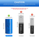 Doublepow 16340 battery button top and flat top comparison showing positive terminal types for tactical flashlights, laser pointers, headlamps, RC toys and EDC devices
