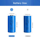 Doublepow 16340 battery dimensions diagram showing 16mm diameter and 34mm height specifications for button top and flat top versions
