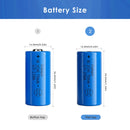 Doublepow 16340 battery dimensions diagram showing 16mm diameter and 34mm height specifications for button top and flat top versions
