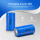 Doublepow ICR18350 battery cycle life and capacity chart showing 900mAh true capacity and A-grade performance