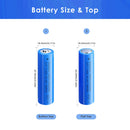 Doublepow 18650 2000mAh battery detailed dimensions showing Flat Top 65mm and Button Top 67mm lengths, 18mm diameter, weighing 45.2g with 3.7V nominal voltage specs.