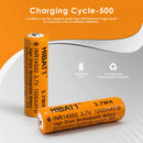 HIBATT 14500 battery cycle life and capacity chart showing 1000mAh capacity and 10A high-drain performance