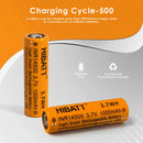 HIBATT 14500 battery cycle life and capacity chart showing 1000mAh capacity and 10A high-drain performance