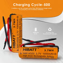 HIBATT 14500 battery cycle life and capacity chart showing 1000mAh capacity and 10A high-drain performance