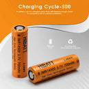 HIBATT 14500 battery cycle life and capacity chart showing 700mAh capacity, 2.59Wh energy and 10A high-drain performance