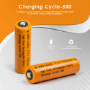HIBATT 14500 battery cycle life and capacity chart showing 700mAh capacity, 2.59Wh energy and 10A high-drain performance
